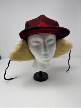 Filson Garment | Red Plaid Wool Trapper Hat with Cream Shearling Ear Flaps